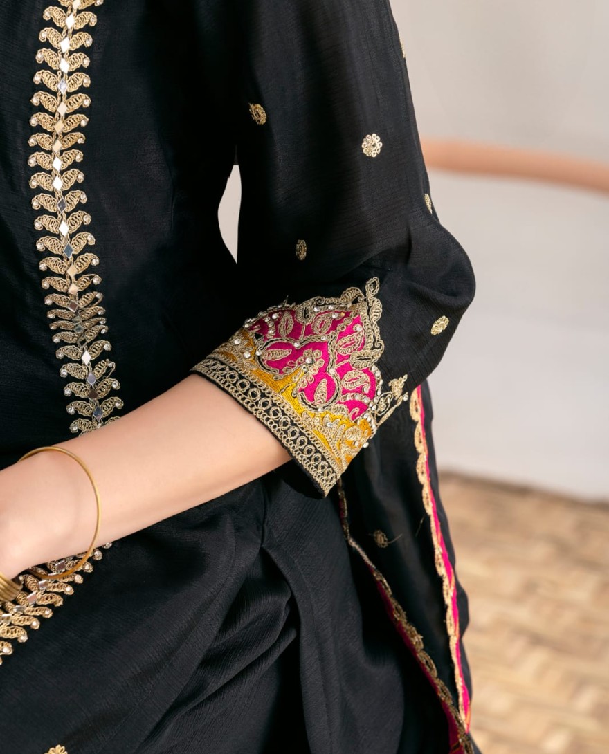 BLACK - Black Embroidered Chinnon Pant Kameez for Festival